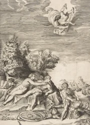 Calypso die probeert Ulysses tegen te houden terwijl een kind zijn wapenrusting voorbereidt aan de rechterkant en Mercurius valt, 1531-76