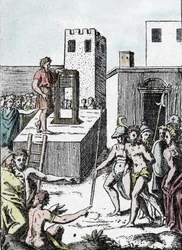 Doodstraf: de uitvoering van een doodvonnis met de voorloper van de guillotine (machine à décollation) in Italië genaamd Mannaia, ontworpen door Achille Bocchi in 1555 Gravure door Giulio Buonasone