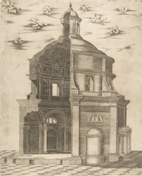 Exterieur en interieur sectie van een tempel in Rome gewijd aan Neptunus, 1541