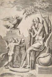 Vader Tijd rechts leunend op een zeis, drie naakte jongens en adelaar links, 1531-76