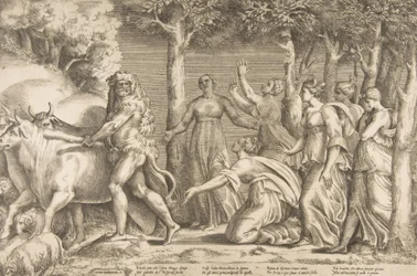 Hercules die het vee van Geryon verdrijft, rechts zijn de nimfen van Hesperides, 1531-76