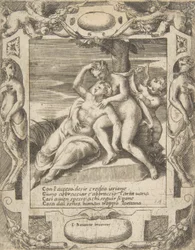 Ixion omhelst een wolk, denkend dat het Juno is, Cupido rechts, binnen een uitgebreide..., 1531-76