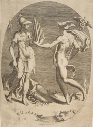 Mercurius presenteert een panfluit aan Minerva die links staat, een ovale compositie, 1531-76