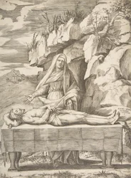 Pieta, Christus uitgestrekt op een tafel in een landschap, de Maagd staand achter met armen, 1531-76