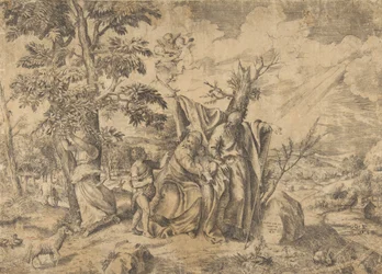 De rust tijdens de vlucht naar Egypte, Jozef rechts, de Maagd houdt het Christuskind