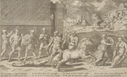 Het gevecht tussen Hector en Achilles, en Achilles die het lichaam van Hector rond de ... sleept, 1531-76