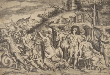 Het verhaal van Jason en Medea links draagt ze haar zoon, in het midden... , 1531-76
