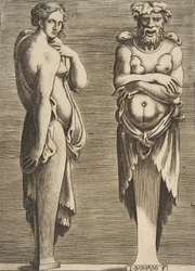 Twee termen, een nimf links Silvanus rechts