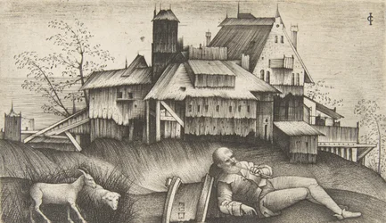 De oude herder liggend in een landschap, gebouwen op de achtergrond, een geit en een schaap