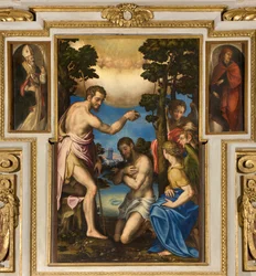 Kapel van Onze Lieve Vrouw van het Volk, Eerste span zuidzijde, Giulio Campi, Doop van Christus 1569, Aan de zijkanten Sant