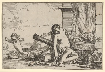 Vuur, voorgesteld door Venus zittend voor de smidse van Vulcanus, met harnas, een kanon