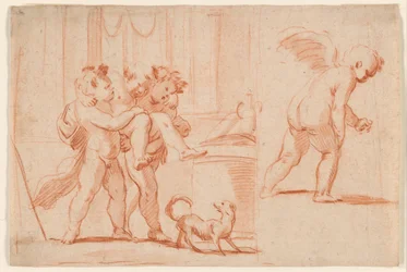 Twee putti dragen een derde putto; een andere putto van achteren