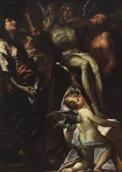 De kruisverlaging met de heilige Maria Magdalena, Augustinus, Hiëronymus en engelen