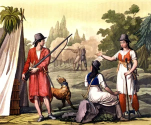 Boeven en vrouwen flibustier: de piraat Jack Rackham, beter bekend als Calico Jack, afgebeeld met Anne Bonny en Mary Read in de West-Indië. Plaat uit 
