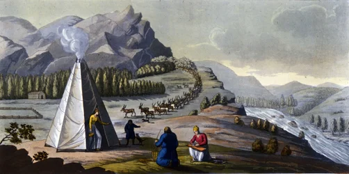 Sami landschap: inheemse mensen die in de landen van de noordelijke landen (Noorwegen, Finland, Zweden en Rusland) leven, maken manden van wilgentakken, reinigen de vis bij een tent. in 