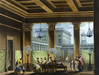 Triclinium verlicht met olielampen in het oude Griekenland: banketscène - in "The old and modern costume" door Jules Ferrario, ed. Milaan