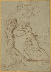 Apollo en Daphne (pen en bruine inkt op groenblauw geschept papier)