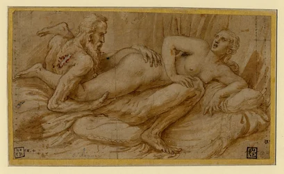 Erotische scène van Giulio Romano (1499-1546), na 1524 - Pen, penseel, bruine Oost-Indische inkt, wit krijt, zwart krijt op papier