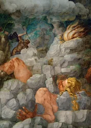 Reuzen die Olympos proberen te bestormen worden verpletterd door vallende stenen (fresco)