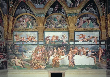 Het landelijke banket ter viering van het huwelijk van Cupido en Psyche, met de drie lunetten erboven die een van Psyches opdrachten uitbeelden om uit de Onderwereld een vat met de schoonheid van Proserpina terug te brengen