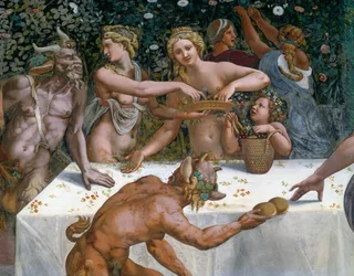 Bruiloftsfeest of Banket van de goden, fresco door Giulio Romano (1499-1546), westelijke muur van de Kamer van Cupido en Psyche, Palazzo Te, Mantua (UNESCO Werelderfgoedlijst, 2008), Lombardije, Italië