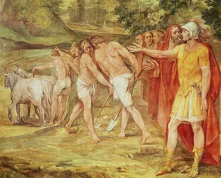 Romulus markeert de grenzen van Rome, uit de Sala dei Horatii e Curatii