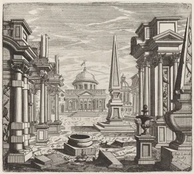 Architectonische fantasie met obelisken, ruïnes en een piazza