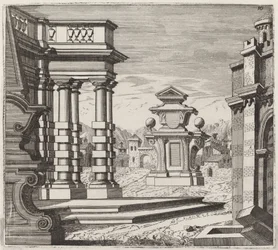 Architectonische fantasie met poorten en monumenten