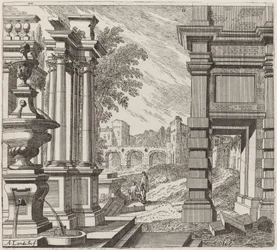 Architectonische Fantasie met een Fontein, Klassieke Ruïnes en een Brug