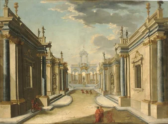 Architectonische fantasie met de dochters van Minyas uit Ovidius