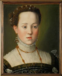 Aartshertogin Anna van Oostenrijk, koningin van Spanje Op 21-jarige leeftijd werd ze de vierde vrouw van haar oom, koning Filips II (olieverf op hout)
