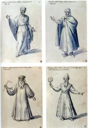 Kostuumontwerp voor klassieke figuren. Boven L: Cicero. Boven R: Euclides. Onder L: Archimedes. Bot. R: Ptolemaeus van Alexandrië. Guiseppe Arcimboldo (c1530-1593) Italiaanse schilder. Pen, blauwe inkt en aquarel op papier.