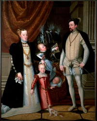 Keizer Maximiliaan II (1527-1576) met zijn familie: Maria van Spanje (1528-1603) en hun kinderen Anna (1549-1580), Rudolf (1552-1612) en Ernst (1553-1591). Schilderij van Giuseppe Arcimboldi (of Arcimboldo) (1527-1593), 1553, 188x240 cm, Schloss Ambras