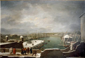 Uitzicht op de haven van Genua bedekt met sneeuw