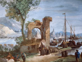 Denkbeeldig uitzicht: Haven met ruïnes en waterval