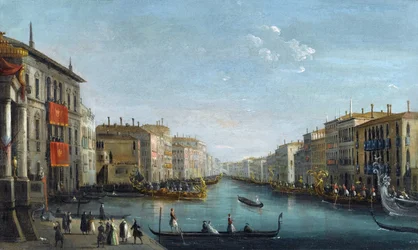 Uitzicht op het Canal Grande vanaf het Palazzo Balbi richting de Rialtobrug met een regatta