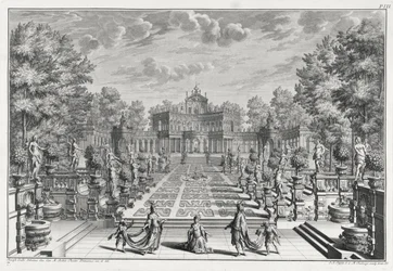 Decor voor een opera in een tuin, uit Architectus Theatralis Primarius, gegraveerd door Johann Andreas Pfeffel (1674-1748), gepubliceerd 1740
