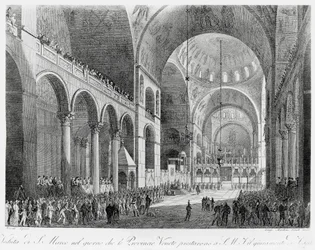 Venetiaanse provincies zweren trouw aan Oostenrijkse keizer Frans II (1768-1835) in de Basiliek van San Marco in Venetië, 7 mei