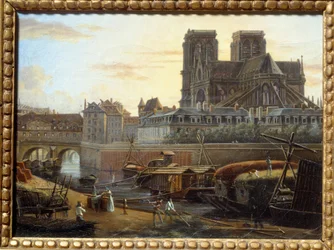 De Saint Charles-brug, het hotel dieu, de archeveche en Notre Dame gezien vanaf de Quai de la Tournelle in Parijs
