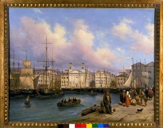 Zicht op de haven van Triëst, schilderij door G. Canelia