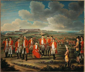 Lady Louisa Lennox met het Regiment van haar man, 25e Regiment of Foot, met Lord George Lennox naast haar, en Fort St Philip, Port Mahon, op de achtergrond