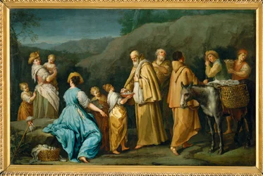 Religieux queteurs a qui une jeune fille donne des oefs - Bedelbroeders aan wie een klein meisje eieren ...