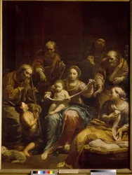 De Heilige Familie. De Maagd en het Christuskind staan centraal in het schilderij, omringd door Jozef, de Heilige Elisabeth en de jonge Johannes de Doper. Schilderij van Giuseppe Maria Crespi (1665-1747)