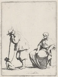 Staande boer met een hond en een zittende vrouw