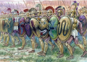 Oud-Griekenland: de aanval van hoplieten, zwaarbewapende infanteristen - Illustratie door Giuseppe Rava