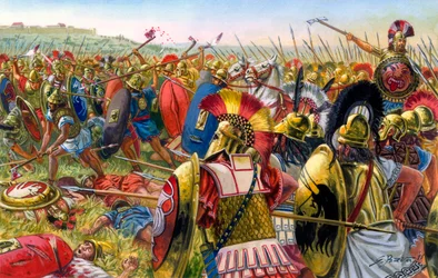 Oud Rome: Lars Porsenna, Etruskische militair aan de poorten van Rome 507 v.Chr. - Illustratie door Giuseppe Rava