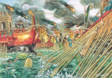Oud Rome: de slag bij Actium gevochten tussen de troepen van Octavianus en de gecombineerde troepen van Marcus Antonius en Cleopatra VII op 2 september 31 v.Chr. - Illustratie door Giuseppe Rava