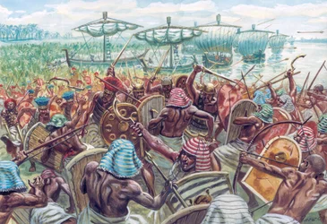 Oud Egypte: de Slag bij de Delta was een zeeslag tussen Egypte en de Zeevolken, circa 1175 v.Chr. toen de Egyptische farao Ramses III een grote zee-invasie afweerde (Illustratie door Giuseppe Rava)