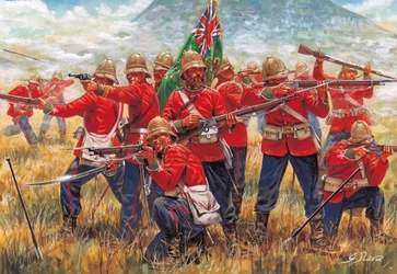 Anglo-Zoeloeoorlog: soldaten van het Britse Rijk bij de Slag bij Isandhlwana (Isandlwana of Isandula) in Zuid-Afrika, 22/01/1879 - Illustratie door Giuseppe Rava