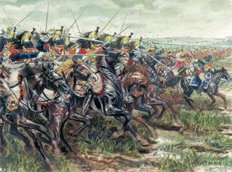Eerste Keizerrijk (1804-1814): de aanval van de slagschepen van het Grote Leger van Napoleon I - Illustratie door Giuseppe Rava